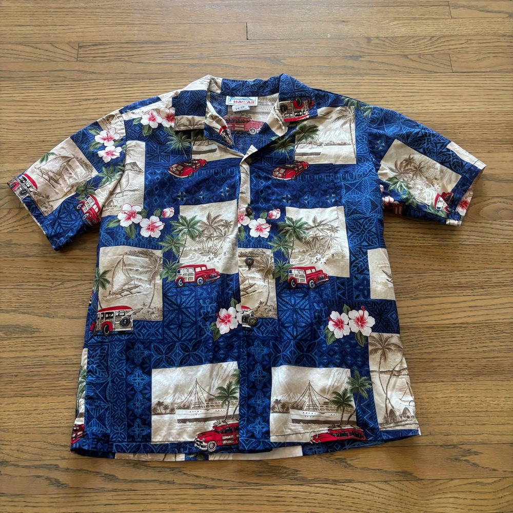 Paradise Hawaii Kids Blue Aloha Shirt Woody Car Hibiscus Print Size 14-16